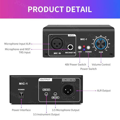 MIC-1 Microphone Preamp with 2 Inputs, Max 75dB Gain, 48V Phantom Power, Ultra-Clean Gain for Dynamic and Condenser Mics