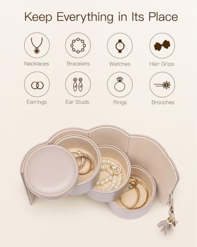 VLANDO Travel Jewelry Organizer, 3 Tier Roll Up Design, Hard Shell Storage | Stepped Sections Compartments Keep Jewelry Visible, Soft Lining Protect Pieces, Snap Closure, Travel Gift for Women Girl - color: E.Grey