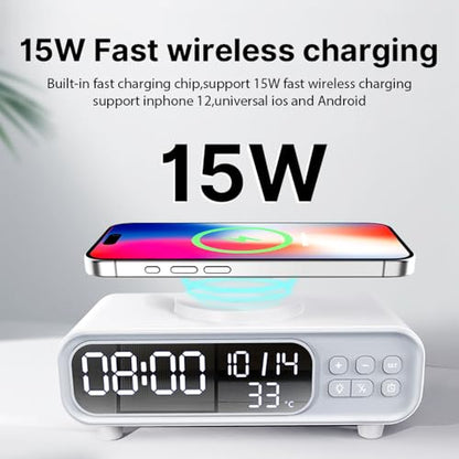 IHAO 5in1 Alarm Clock with Wireless Charging Night Light 15W Fast Charger for Phone and Headphone, LED Digital Display with Date & Temperature, Dimmable for Bedroom & Office-D15 Clock White - color: Wireless Charger Alarm Clock D15 Clock White