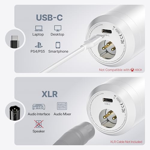 MAONO USB XLR Condenser Microphone with Headphones: PC Computer Podcast Cardioid Metal Mic Kit for Recording, Studio, Singing, YouTube (A04 Gen2 White+MH700+XLR Cable)
