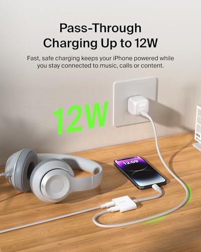 Belkin RockStar 3.5mm Audio + Charge Adapter, 4in, White | Headphone jack plus Lightning charging pass-through, MFi certified, compatible with iPhone, compact travel adapter - color: White, size: Lightning, style: 3.5MM AUX Audio + LGT Charge