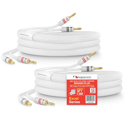 Nakamichi 24k Gold Plated Banana Plugs Speaker Cables 99.9% OFC (6 Feet) | Oxygen-Free Copper, Excel Series, Amplifier Heavy Duty Braided In-Wall CL2 Rated Wires - White (12AWG / 6ft / 1.8m) 2-Pack - color: White, size: 12 AWG (6-Feet)