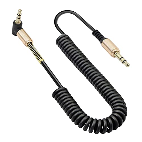 GELRHONR 3.5mm Audio Coiled Cable, Right Angle 3.5mm Male to Male Stereo TRS Cable for Car Stereo, Smartphone, Tablet, MP3 Player (Black)