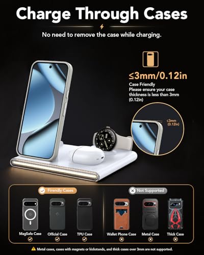 3 in 1 Foldable Wireless Fast Charging Station for Google Pixel Watch 4 | Google Charging Station for pixel 10, Travel Pixel Watch 4 Charger Stand, Light Nightstand Charging Dock (Only for Watch 4) - color: White