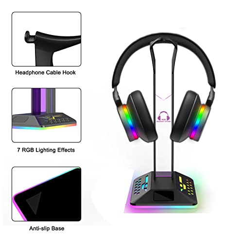 Headphone Stand with RGB Light, Dual USB 2.0 Ports Headset Stand, Stable Gaming Headset Holder with Non Slip Rubber Pad Desk Earphone Hanger for PC Gamers, 10.5x4.8x4.1in
