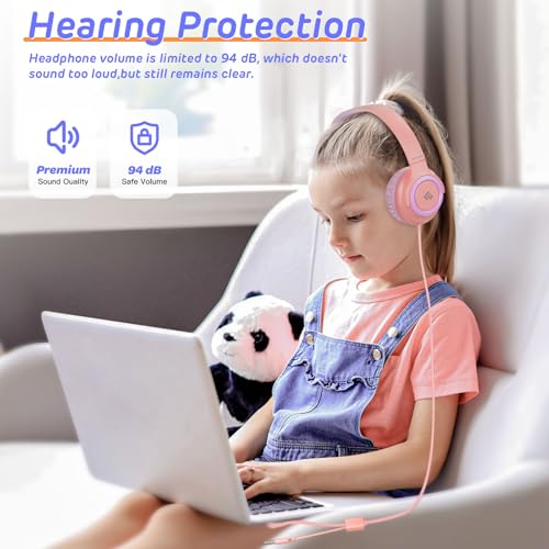 Kids Headphones with 3.5mm & USB C Headphones Kids for School, Over-Ear for Boy Girls, Adjustable Headband,Foldable,Built-in Mic, Safe Volume Wired Headphone for iPad/Travel/Classroom, ideal gift-Pink - color: Rose