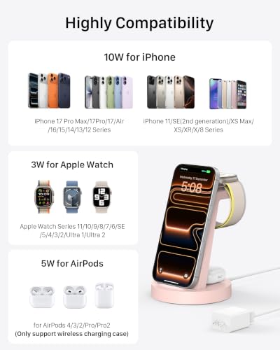 Anlmz 3 in 1 Charging Station for iPhone, Wireless Charger for iPhone 17 16e 16 15 14 13 12 11 X Pro Max & Apple Watch - Charging Stand Dock for AirPods (Pink) - color: Pink