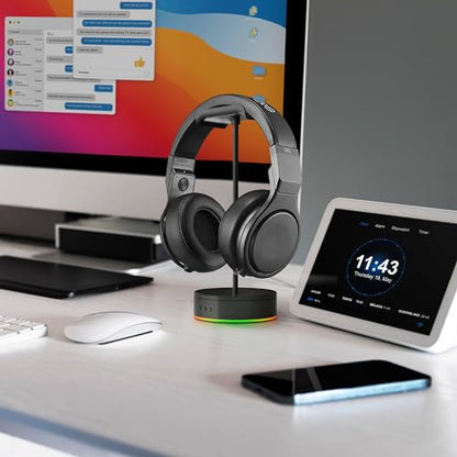 Rotating Headphone Display Stand for Desk with LED Lights - Spinning Gaming Headset Stand (Black)