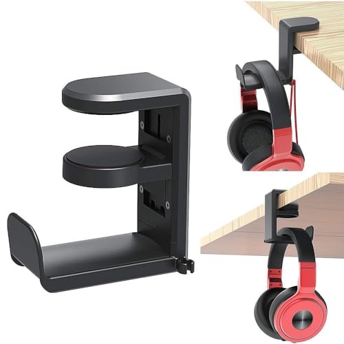 Headphone Stand, Gaming Headset Holder, 360 Degree Rotation Adjustable Headphone Stand, Adjustable Clamp-on Under Desk Hanger, Cable Clip Organizer (Black)