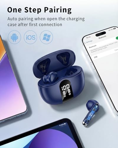 Wireless Earbuds, 2026 Bluetooth 5.4 Headphones Bass Stereo Ear Buds with Noise Cancelling Mic, LED Display in Ear Earphones 50H Playtime Ear Buds, IP7 Waterproof for Laptop Pad Phones Deep Blue - color: Deep Blue