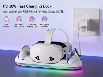 Saqico Charging Dock for Meta Quest 3S/3/2, 22W Fast VR Charging Station with 30W Adapter & Extra USB Port, Magnetic Stand with 2 Rechargeable Batteries & RGB Light, Neat and Orderly Storage - size: Charging Dock for Quest 2/3/3S