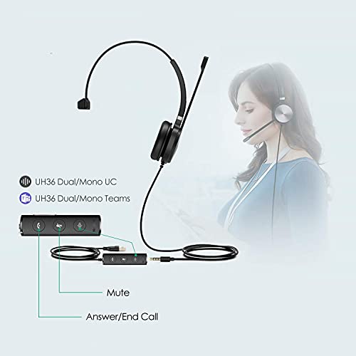 Yealink UH36 USB Headset with Mic 3.5mm Wired Headphones for PC Computer | Mono USB-A Headset with Noise Cancelling Microphone 3.5mm Jack Work Headphones for Office Call Center PC Laptop UC Compatible