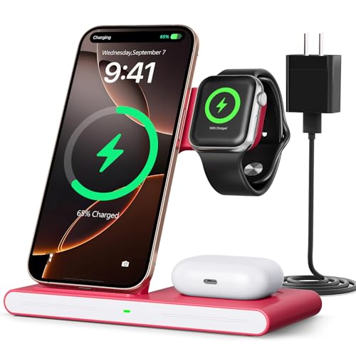 2026 Wireless Charger for Apple and Android Charging Station,3 in 1 Fast Max Charging for iPhone 16 15 14 13 12 Pro Max Plus, Apple Watch Series & Air pods 4 3 2 Pro, Android Samsung Galaxy Series - color: Rosy Red