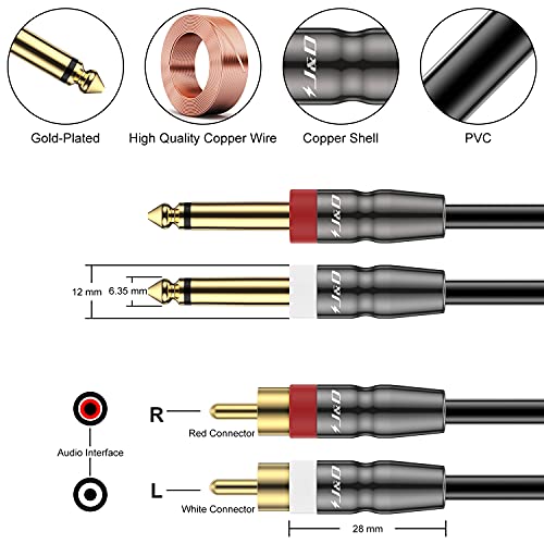 J&D Dual 1/4 inch TS to Dual RCA Cable, Heavy Duty 1/4 Male to RCA Male Adapter Stereo Audio Interconnect Quarter inch Cable, 6 Feet - size: 6 Feet