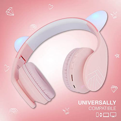 PowerLocus Bluetooth Headphones for Kids, Wireless Foldable Headphones Over Ear, Headphone with Microphone, 85DB Volume Limit, Wireless and Wired Headset with Micro SD, FM for Cellphones, Tablets, PC - color: Pink Cat Ears