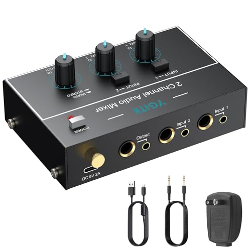 Mini Audio Mixer, 2 Channel Stereo Line Mixer 1/4" & 1/8" TSR Audio Output Input Jack, Line Mixer Stereo/Mono Independent Control and Switch for Guitars,Bass,Keyboards, Dynamic Microphone - size: Small(2-channel)