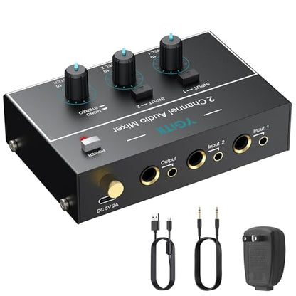 Mini Audio Mixer, 2 Channel Stereo Line Mixer 1/4" & 1/8" TSR Audio Output Input Jack, Line Mixer Stereo/Mono Independent Control and Switch for Guitars,Bass,Keyboards, Dynamic Microphone - size: Small(2-channel)