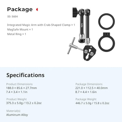 SMALLRIG Magic Arm Clamp, Phone Mount for Magsafe & Magnetic Adapter Ring | 11 Inches Camera Mount for iPhone, for Android, for Action Cameras/LCD Monitor/LED Lights - size: 11''+phone mount