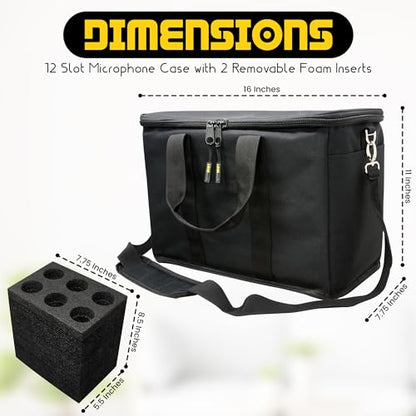 Loudmouth 12 Slot Microphone Case with Foam | Rugged Padded Bag For Wired and Wireless Mics | 16" x 11" x 7.75"