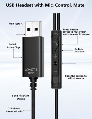 TOPAUX USB Headphone Over-Ear Hook 2.5M 8.2FT Computer Headset Black | Mute Mic USBA Earphone in-Ear Noise Canceling Wired Earbuds for Chromebook/Notebook/Teams for Zoom Office Laptop Desktop PC