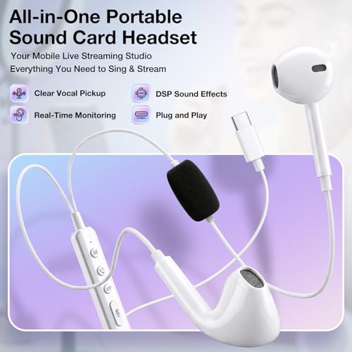 KM08 Live Streaming & Karaoke Headset with Mic, Voice Changer Sound Effects | Built-in Sound Card Voice Changer Effects, In-ear Monitoring Hear Yourself, Plug & Play Ready for TikTok YouTube Podcasting