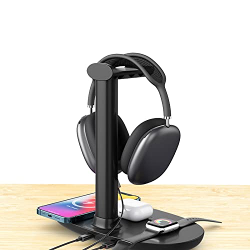 Headphone Stand Charger 4 in 1 Headphone Charging Hanger, Headset Holder and Station Dock for Smartphones, 15W Stable Desktop Gaming Headset Holder Charger