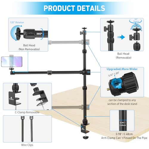 Ailight Camera Desk Mount Stand Overhead, Adjustable Microphone Boom Arm Mic Stand with Phone Holder, Camera Arm Clamp 5/8'' 3/8'' 1/4'' Screws for Shure, Blue Yeti, Rode, Elgato, Fifine, HyperX