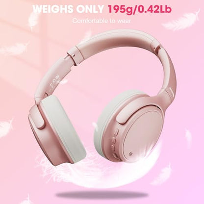 INFURTURE H1 Plus Doubly Fed Hybrid Active Noise Cancelling Headphones with EQ Mode，Wireless Over Ear Bluetooth Headphones with 4 Microphone, 90H Playtime,Lightweight for Home Travel Office(Pink) - color: Pink