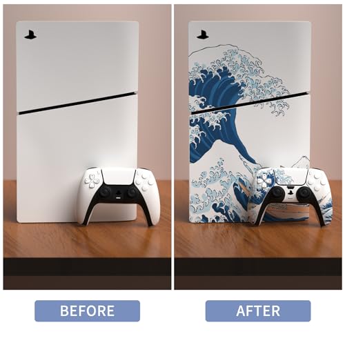 PlayVital Full Set Skin Sticker for ps5 Slim Console Disc Edition (The New Smaller Design), Vinyl Skin Decal Cover for ps5 Controller & Headset & Charging Station - The Great Wave Off Kanagawa - color: The Great Wave off Kanagawa