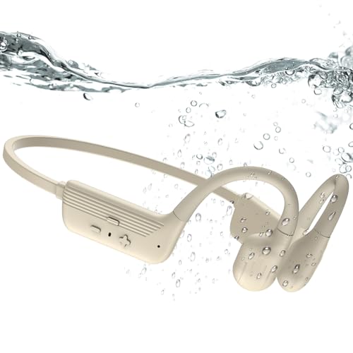 Swimming Headphones, IP68 Waterproof Bone Conduction Headphones, Bluetooth 6.0 &MP3 with32GB Memory Card, Skin Open Ear Swim Earbuds with Adjustable Headband for Swim Cap/Hat, Magnetic Charging(Beige)