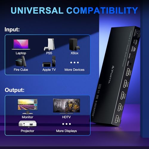 HDMI Multiviewer Switch 4x1 with PIP, PORTTA Quad Multi Viewer Seamless Switcher 4 in 1 Out with Toslink, 3.5mm Audio Output Support 1080p 60Hz, 6 Viewing Modes, Downscaler, Compatible with PS4 Xbox - size: Multiviewer 4x1 1080P