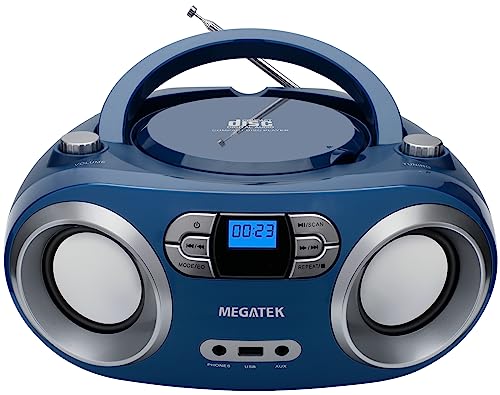 MEGATEK Portable CD Player Boombox with Bluetooth & FM Radio – Blue Jay | USB Playback, Clear Stereo Sound, AUX Input, Headphone Jack, CD-R/RW & MP3-CD Support, LCD Display, AC/Battery Powered - color: Blue Jay