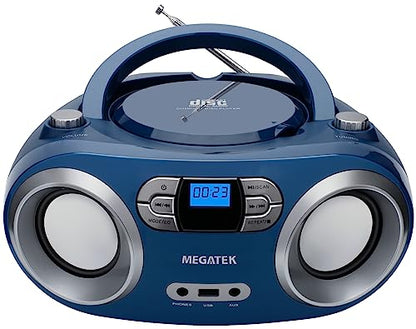 MEGATEK Portable CD Player Boombox with Bluetooth & FM Radio – Blue Jay | USB Playback, Clear Stereo Sound, AUX Input, Headphone Jack, CD-R/RW & MP3-CD Support, LCD Display, AC/Battery Powered - color: Blue Jay