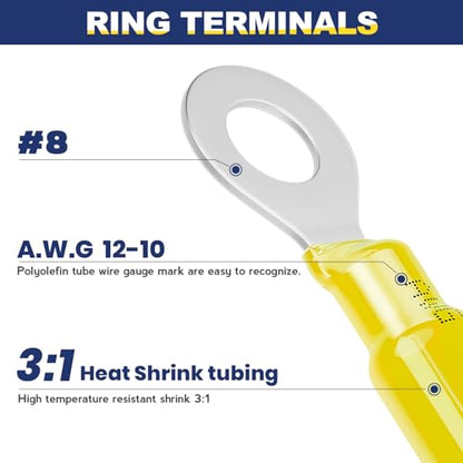 haisstronica 100PCS Heat Shrink Ring Terminals, 12-10 AWG, #8, Yellow | Battery and Ground Stud Connections, 1.0 mm Copper Barrel, 3:1 Adhesive-Lined Seal, Automotive Wiring Repairs, Ring Connector - color: Yellow, size: Ring #8