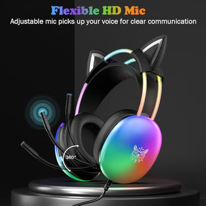 Cat Ear Gaming Headset with Microphone, RGB Rainbow Lighting, Surround Sound, 3.5mm Wired Over-Ear Headphones for PC/PS4/PS5/Switch/Laptop, Lightweight and Adjustable Headband - color: Black Cat Ears