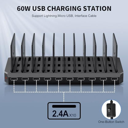 USB Charging Station for Multiple Devices, 10 Port 60W Multiple USB Charger Station with Adjustable Dividers, Fast Charging Station Hub for Hotels, Shops, Schools, Shopping Malls and Travel