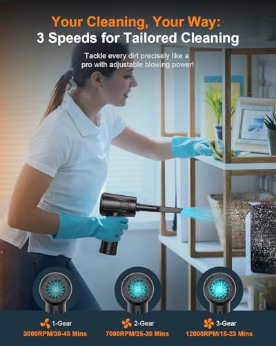 11-in-1 Compressed Air Duster-3-Gear Adjustable 120000 RPM Electric Air Duster with LED Light, Reusable no Canned Keyboard Cleaner for Office, 9000mAh Cordless Air Duster for Computer/Car/Home (Black)