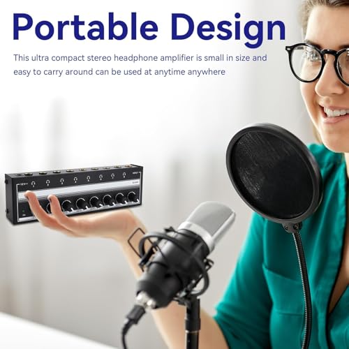 HERCHR Headphone Amplifier 8 Channel Metal Stereo Audio Amplifier, 100 to 240V Portable Headphone Amp with Power Adapter for Studio and Stage