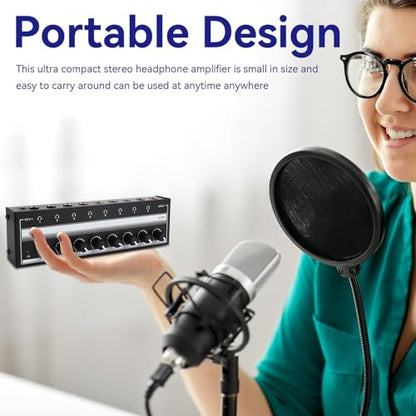 HERCHR Headphone Amplifier 8 Channel Metal Stereo Audio Amplifier, 100 to 240V Portable Headphone Amp with Power Adapter for Studio and Stage