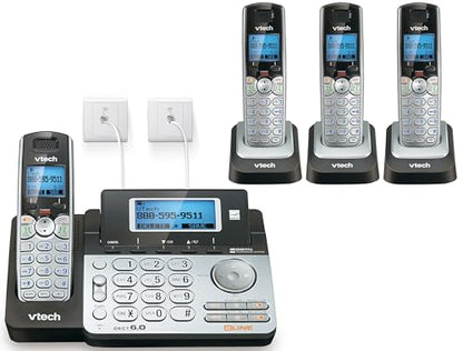 VTech 4-Handset 2-Line Cordless Phone for Small Business or Home with Answering System and Mailbox on Each Line, Caller ID/Call Waiting, Conference Call | DS6151 with 4 Handsets Bundle (Black/Silver) - size: 4 Handsets