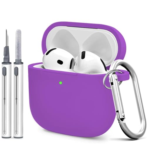 Silicone Case Cover for AirPods 4th Gen, Soft Skin, Full Protection, Keychain, Cleaner Kit (Purple) - color: B2-Purple