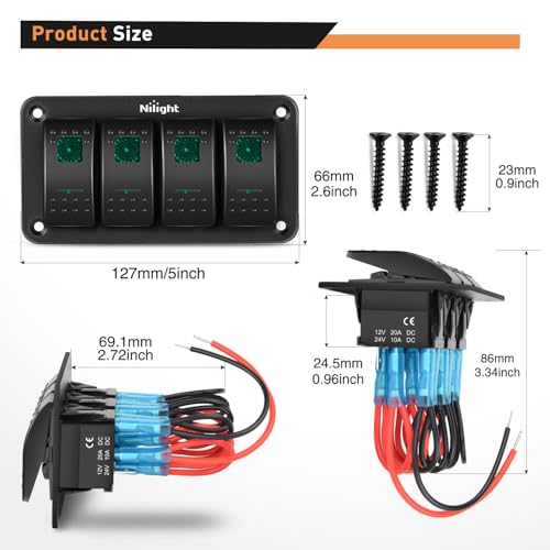 Nilight 4 Gang Rocker Switch Panel SPST On Off Toggle with DIY Label Sticker | 5PIN Electrical 12V/20A 24V/10A Aluminum Plate with Pre-Wired Jumper Wires for LED Light Bar RV Boats 4X4 Cars Green - color: Green, size: 4 Gang