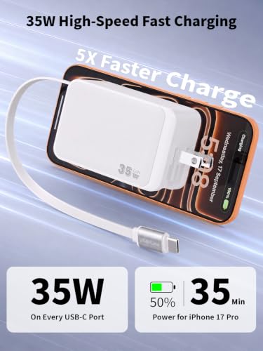 Retractable iPhone Charger Fast Charging,35W Retractable iPhone Charger,2in1 Charging Adapter,Travel Essentials Foldable Block Plug USB C Cable Cord for iPhone 17/17E/17 Pro Max/16 Plus/16 Pro Max/15