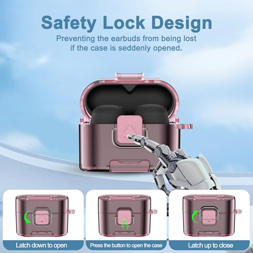 [with Safety Lock] for Sony WF-1000XM6 Case Cover, Soft TPU Clear Protective Earbuds Case with Cleaning Kit & Carabiner, Wireless Charging Headphone Accessories for Men Women(Clear Pink) - color: Clear Pink
