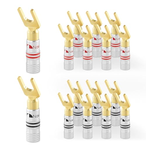 Nakamichi GrubLock 24k Gold Plated Spade Y Banana Plugs, 10-18 AWG | Excel Series, Gauge Size 4mm for Speakers Amplifier Hi-Fi AV Stereo Audio Wire Cable Screw Connector, 16 Pcs (8-Pairs) - size: 16 Pcs (8-Pairs)