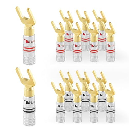 Nakamichi GrubLock 24k Gold Plated Spade Y Banana Plugs, 10-18 AWG | Excel Series, Gauge Size 4mm for Speakers Amplifier Hi-Fi AV Stereo Audio Wire Cable Screw Connector, 16 Pcs (8-Pairs) - size: 16 Pcs (8-Pairs)