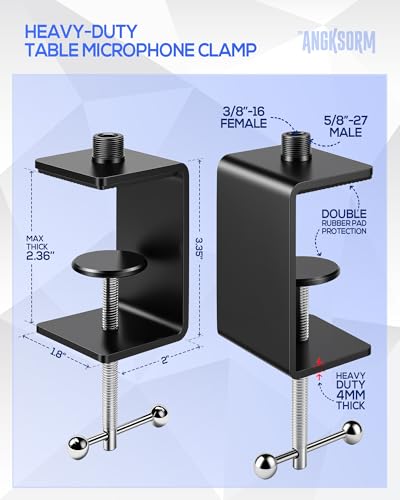 KB47 Table Microphone Clamp Mount, 5/8-27 Male and 3/8-16 Female Threads | Heavy-Duty 1-Pack Desk Mic Stand Base for Boom Arms and Goosenecks, Fits Thick Desks up to 2.36 in, Includes 2 Thread Adapter - color: C-CLAMP MOUNT (1PCS)