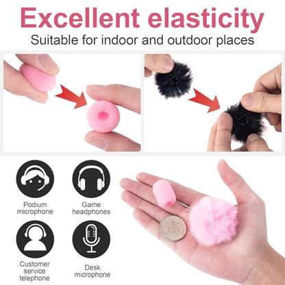 PAGOW 6Pcs Mini Foam Microphone Windscreens＆Furry Cover, Mic Headset Cover | Black Pink High Density Lapel Microphone Windscreen for Lavalier Microphones Noise Reduction (4pcs Foam + 2pcs Furry) - color: Black,Pink,Foam(4pcs),Furry(2pcs)