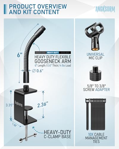 KC32 6-Inch Gooseneck Mic Stand, Heavy-Duty Desk Clamp for Podium | Flexible Arm Microphone Holder, Lectern Mount, 5/8-27 Thread, 3/8-16 Adapter, Mic Clip, Podcast, Pulpit, Studio, 4 lb Load - size: 6-INCH