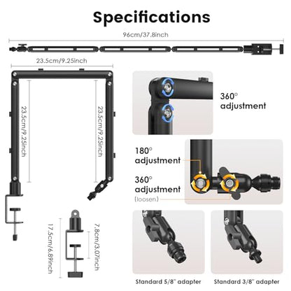 Adjustable Microphone Boom Arm for Lightweight Mics, 30-inch Rotatable Desk Stand with Cable Management & 3/8" 5/8" Threads, Space-Saving Design for Streaming, Podcasting, Gaming (Black)